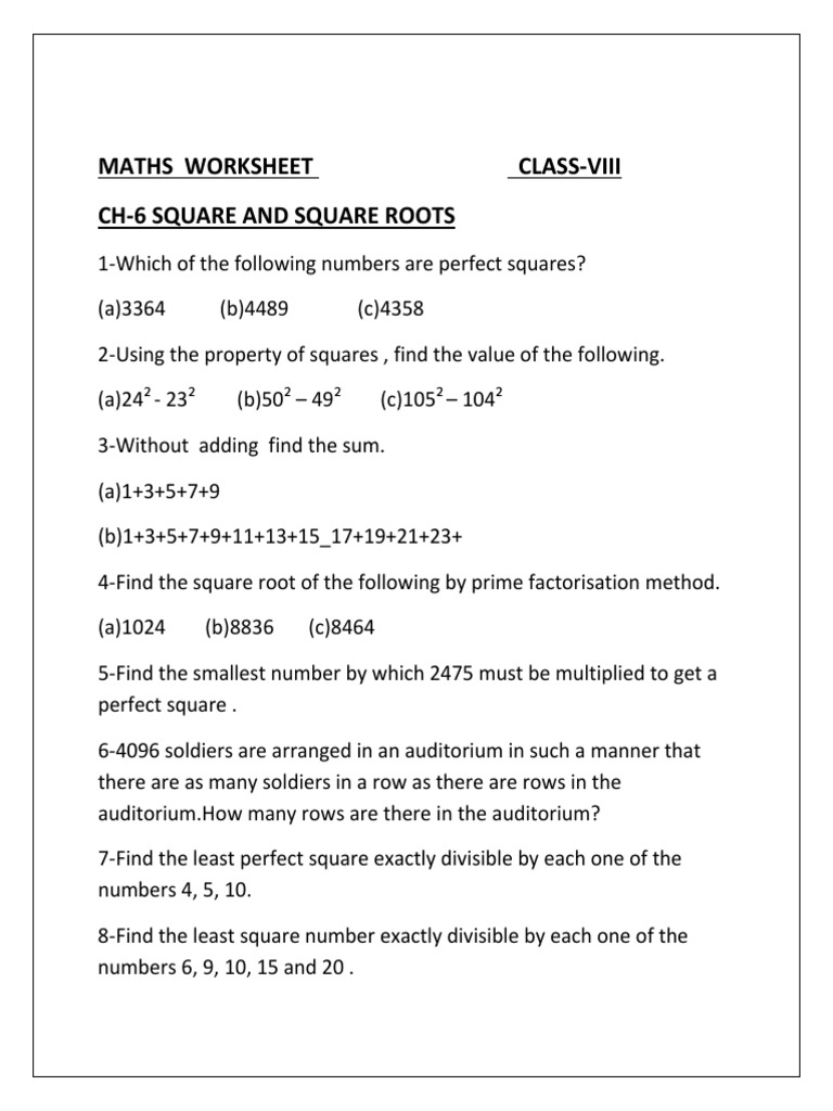 CBSE Class 8 Mathematics Worksheet Square And Square Roots PDF