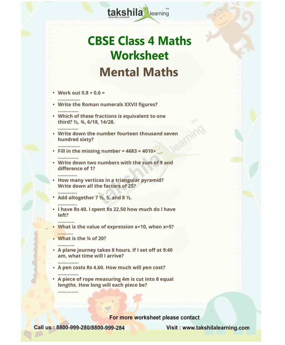 CBSE Mental Maths Class 4 Worksheet Maths Practice Worksheet Mental