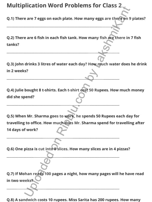 Class 2 Multiplication Word Problems Worksheets