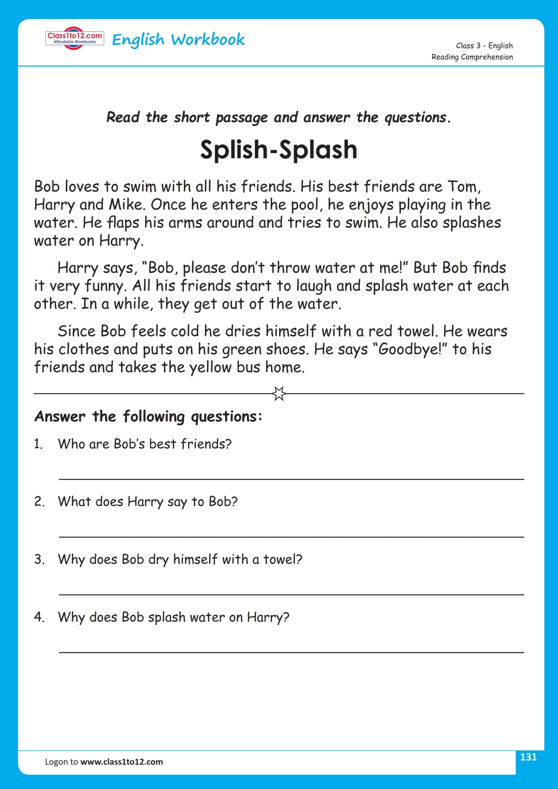 Class 3 English Reading Comprehension Worksheet Class1to12