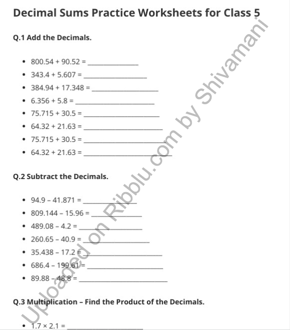Class 5 Decimal Worksheets Free PDF