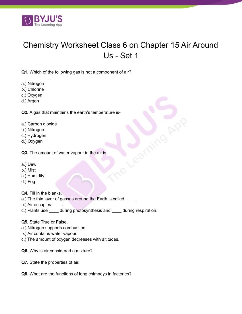 Class 6 Chemistry Worksheet On Chapter 15 Air Around Us Set 1