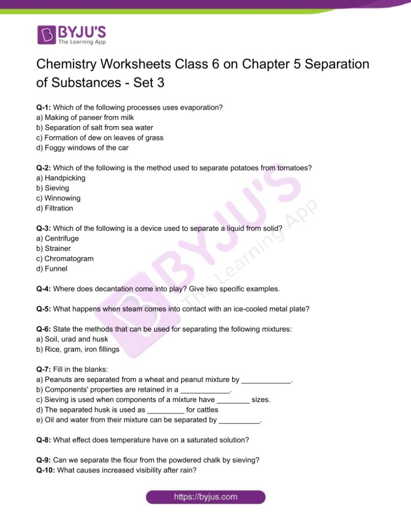 Class 6 Chemistry Worksheet On Chapter 5 Separation Of Substances Set 3