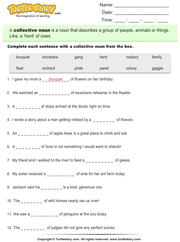 Collective Noun Worksheets Grade 5 Free Worksheets Samples