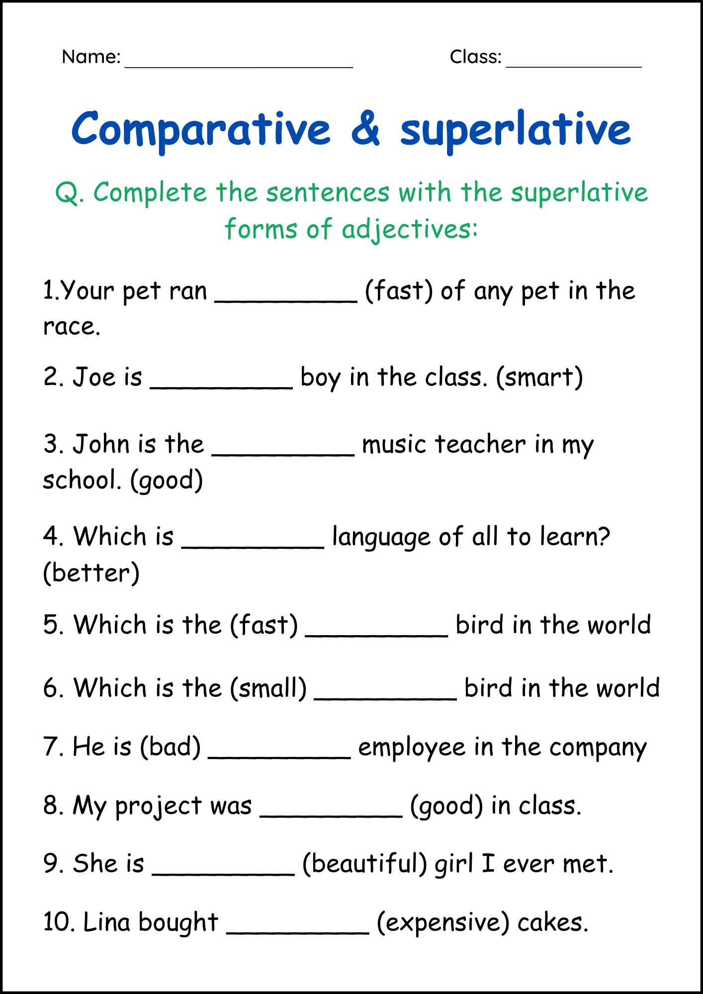 Comparative And Superlative Adjectives Worksheet 1 Student Handouts 
