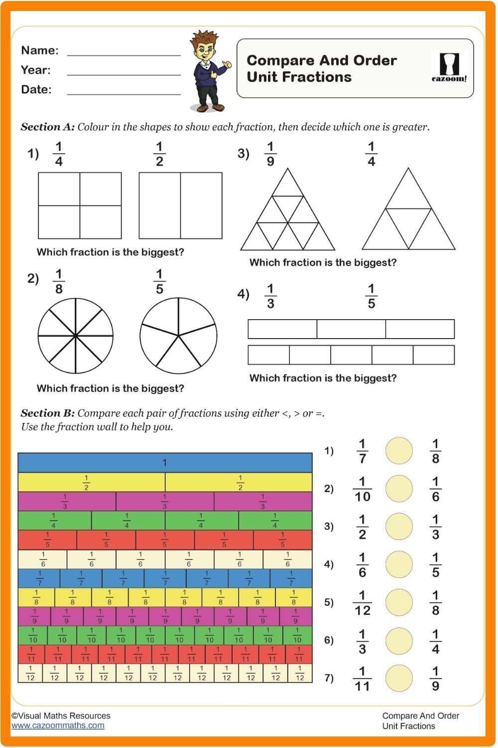 Compare And Order Unit Fractions Unit Fractions Fractions Worksheets 
