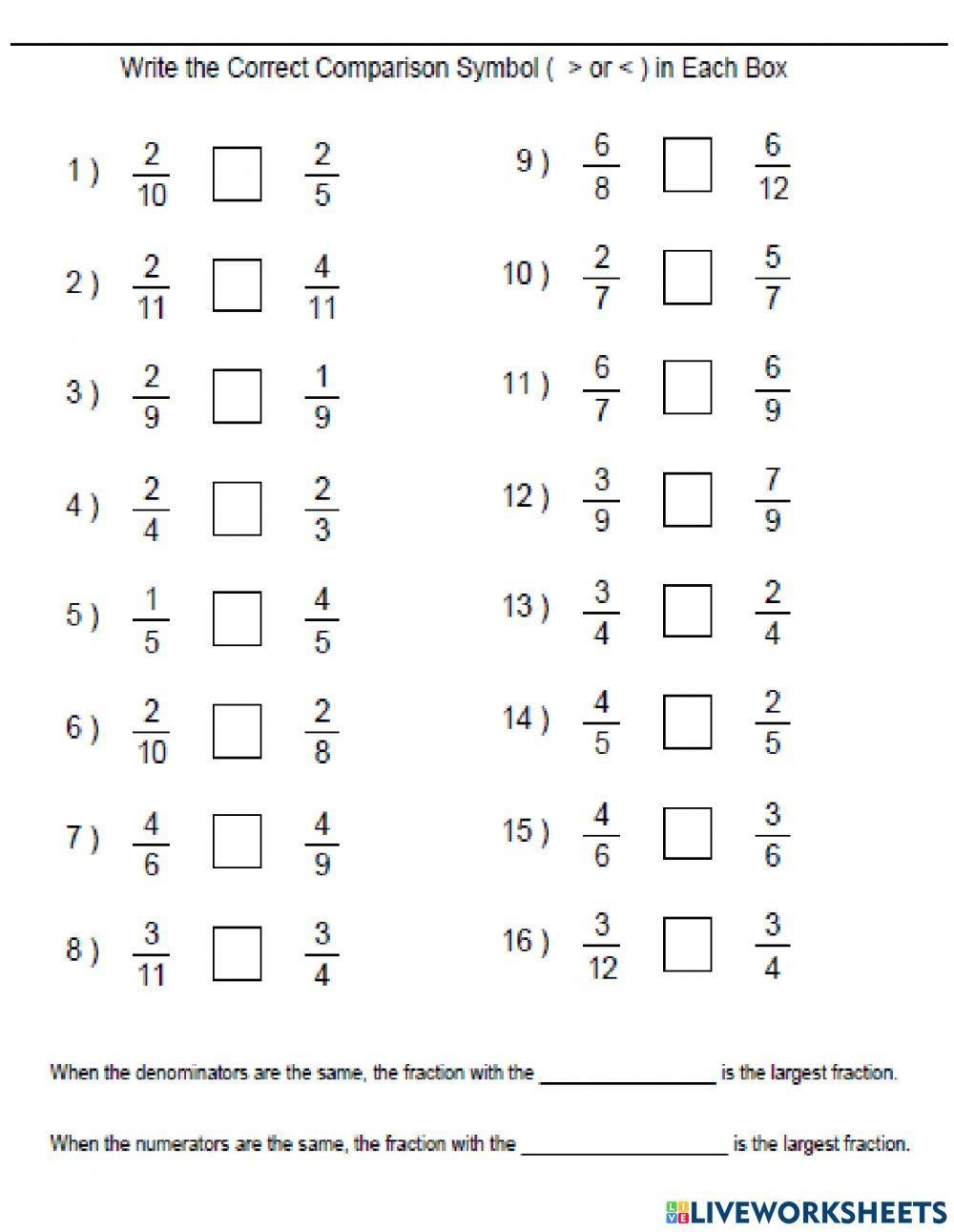 Compare Fractions With Unlike Denominators Worksheet Live Worksheets 