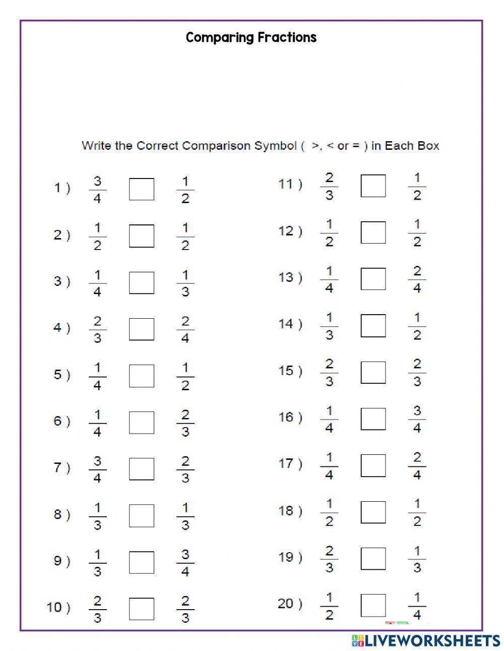 Compare Fractions Worksheet - Download Free Printable Templates