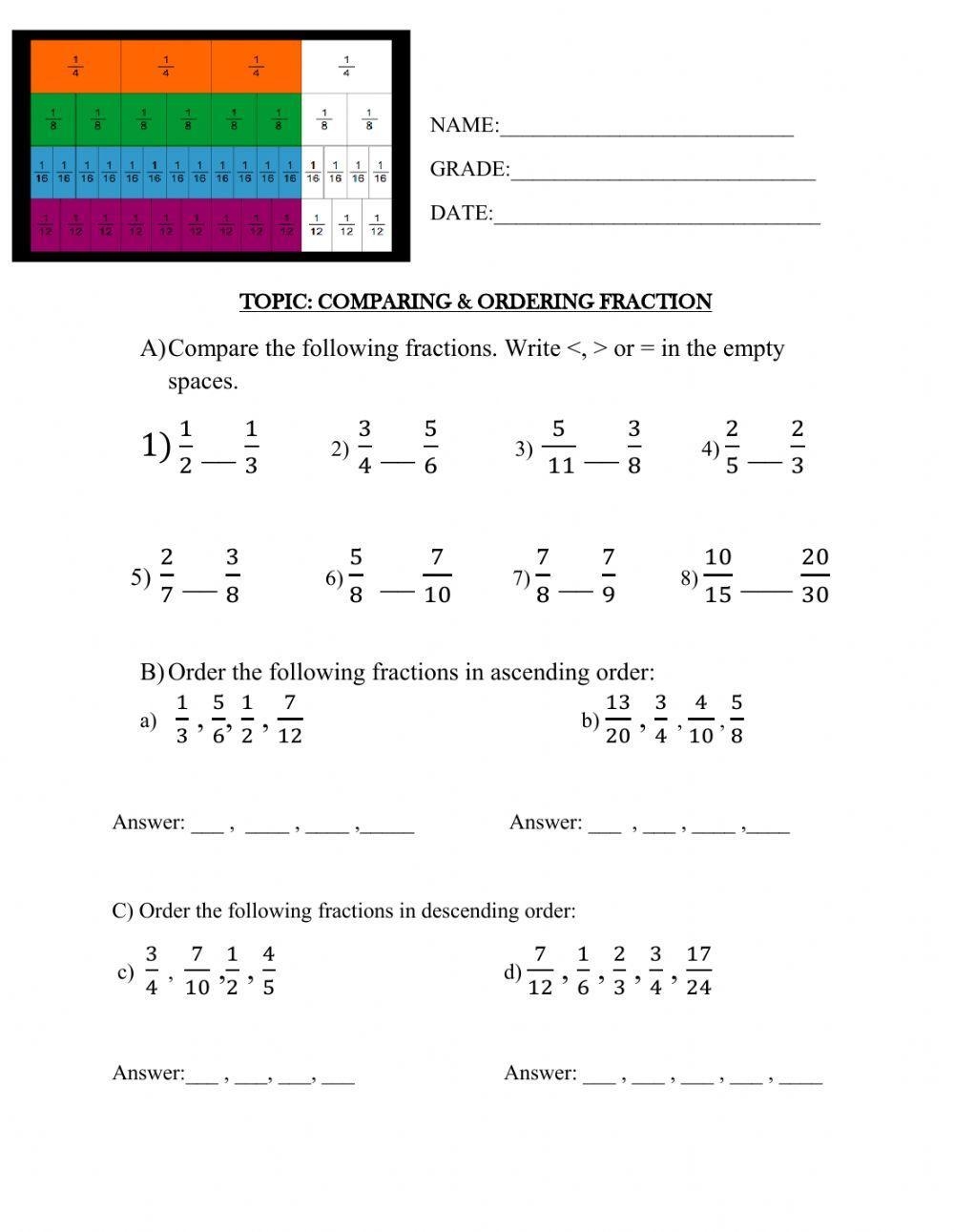 Comparing Fractions Worksheet Worksheets Library
