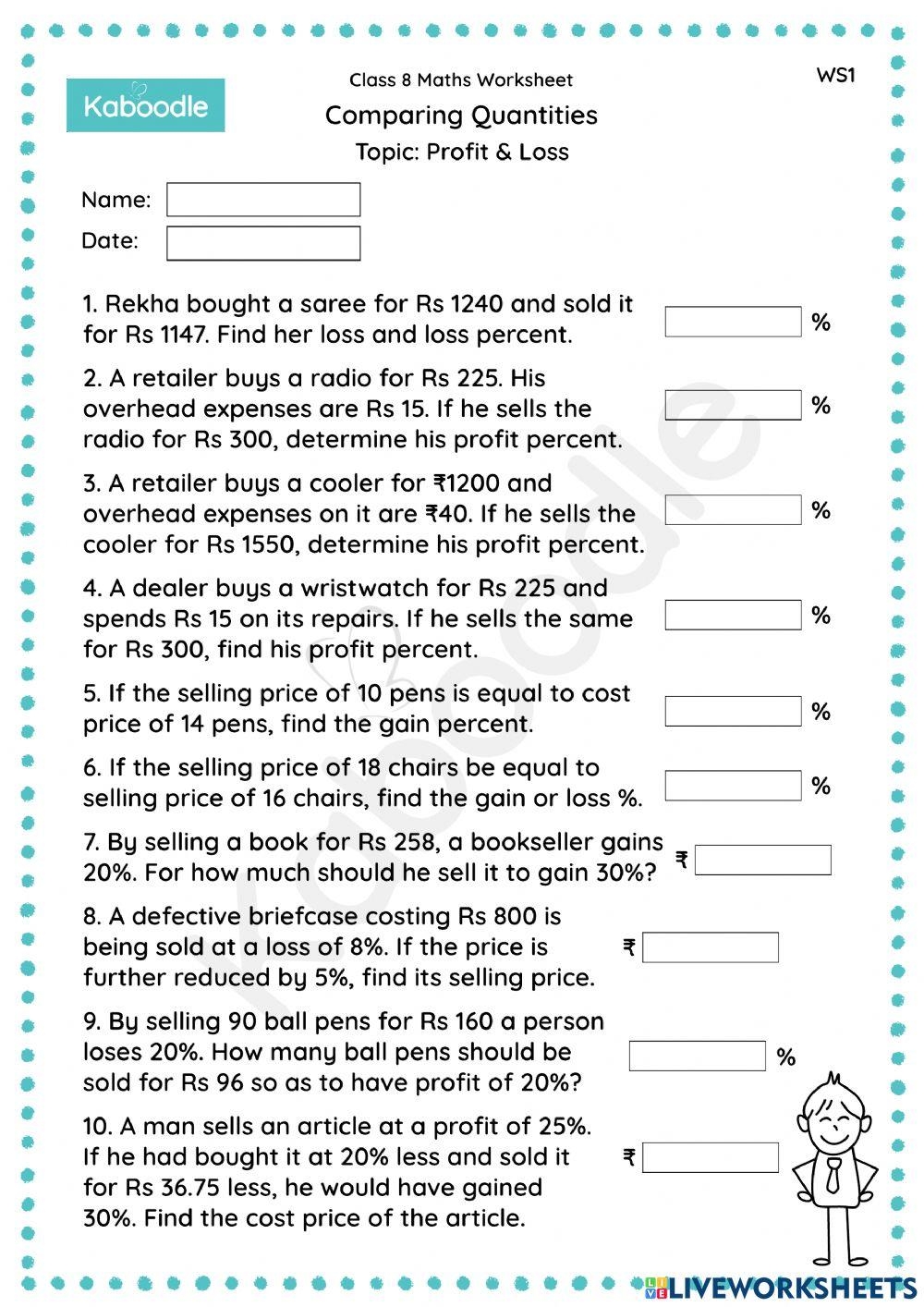 Comparing Quantities Profit Loss Worksheet Live Worksheets 