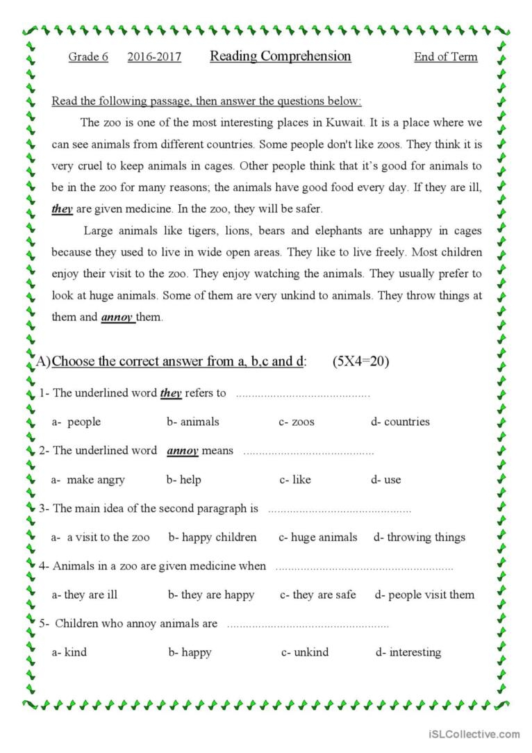 Comprehension Passage For Grade 6 Ge English ESL Worksheets Pdf Doc