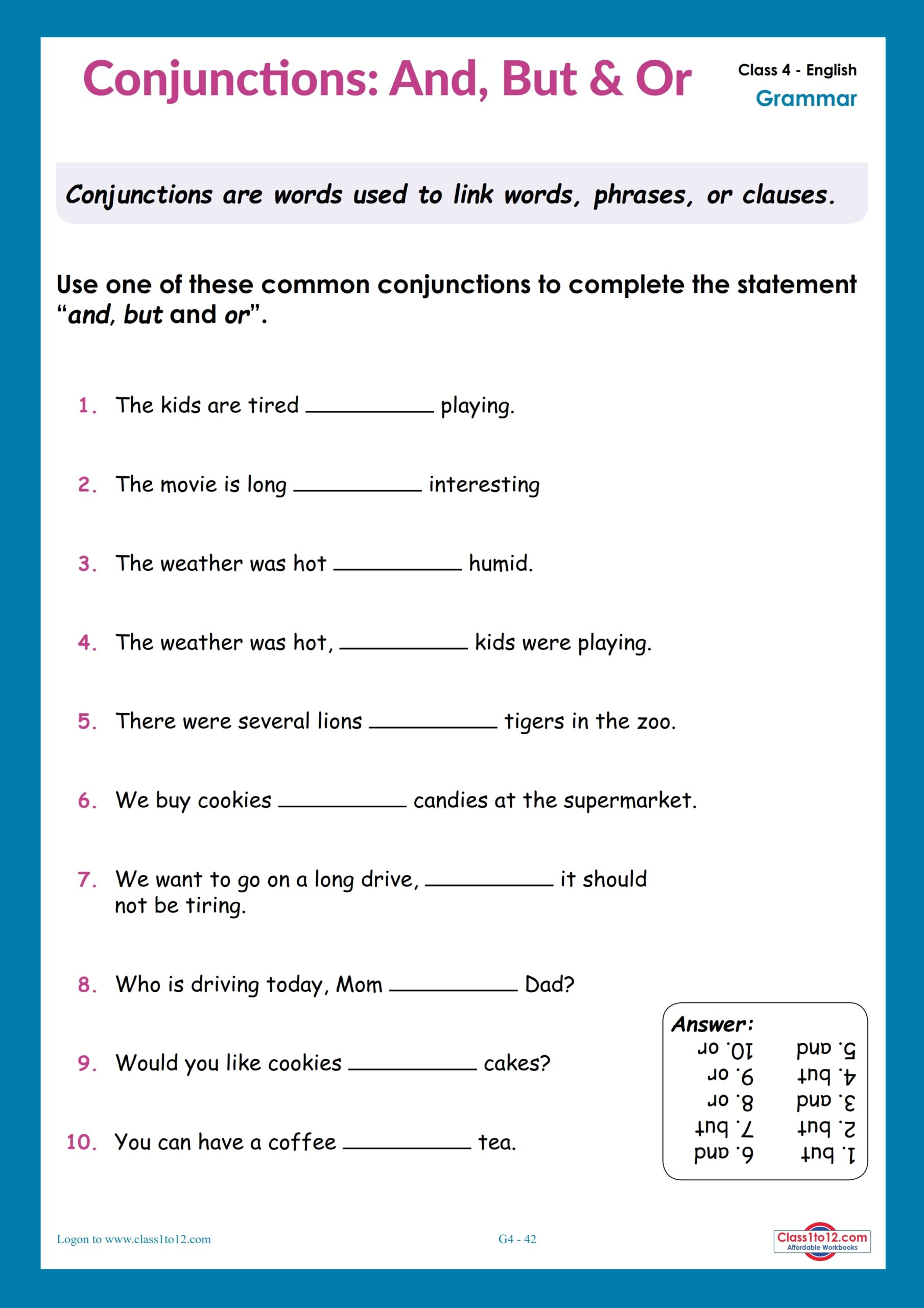 Conjunctions Class 4 Worksheet Class1to12 Worksheets Library