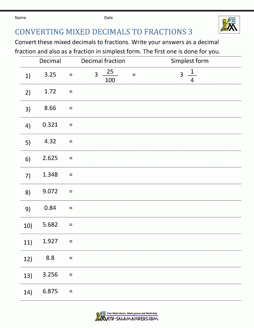 Converting Decimals To Fractions Worksheet