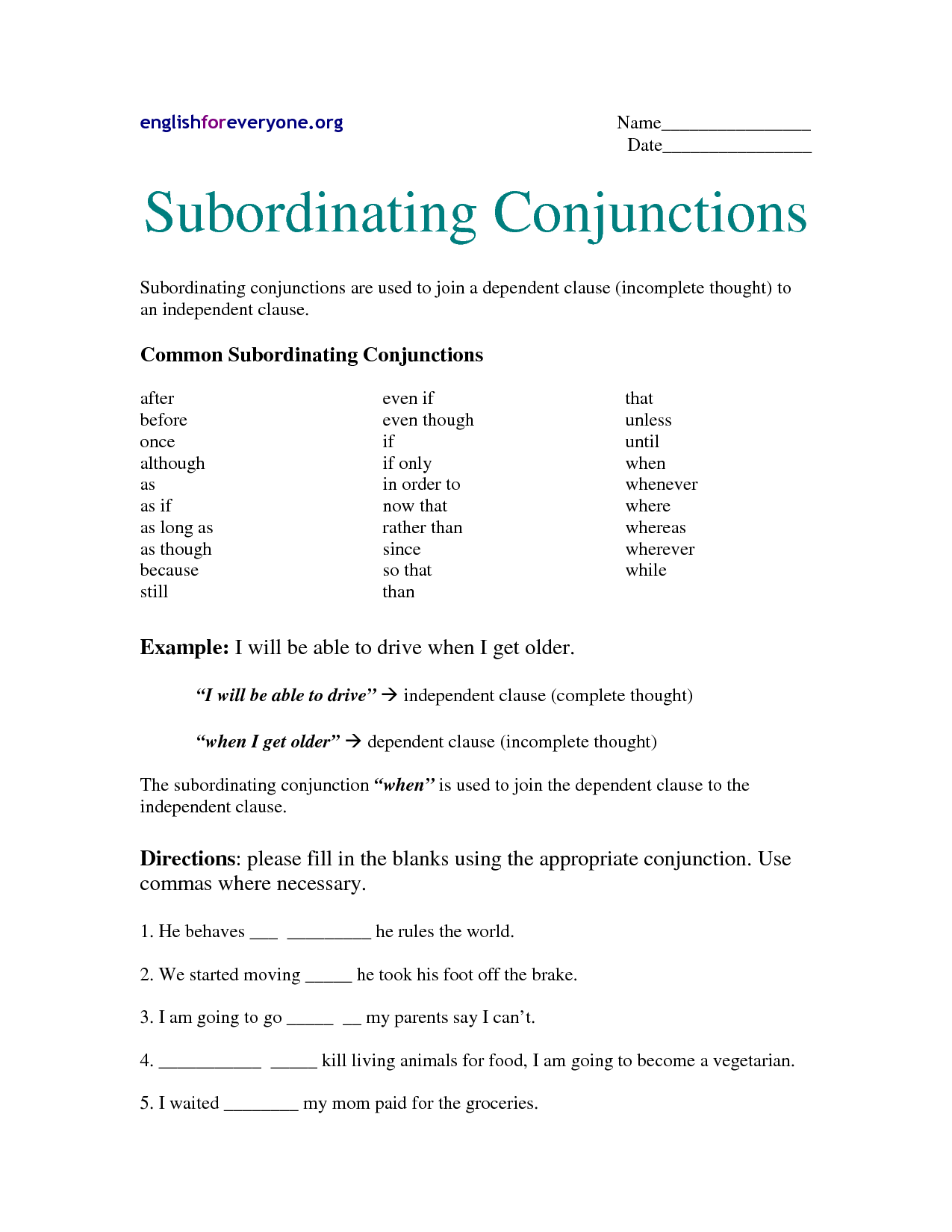 Coordinating Conjunctions Worksheet Grade 7 Conjunction Worksheets