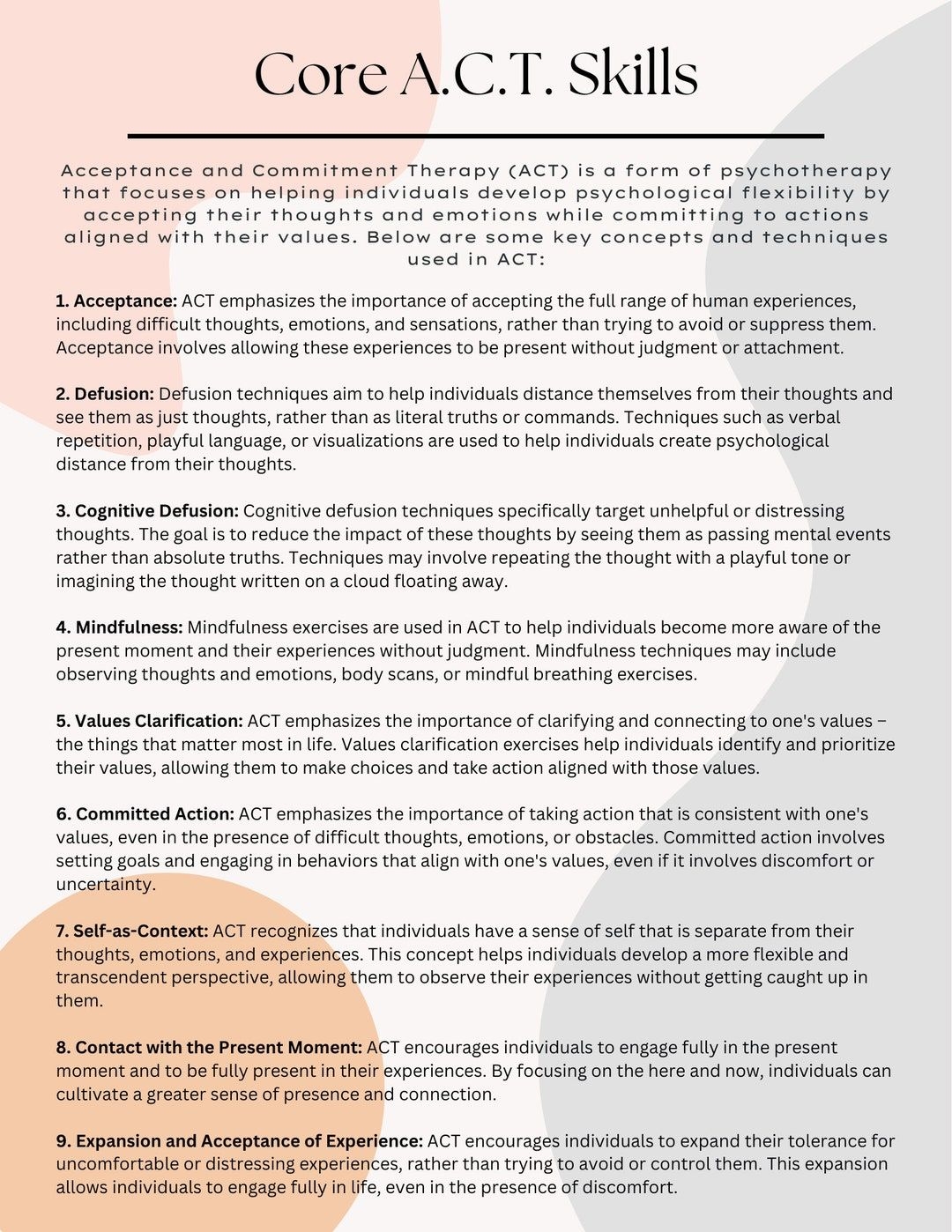 Core ACT Skills Acceptance And Commitment Therapy ACT Techniques