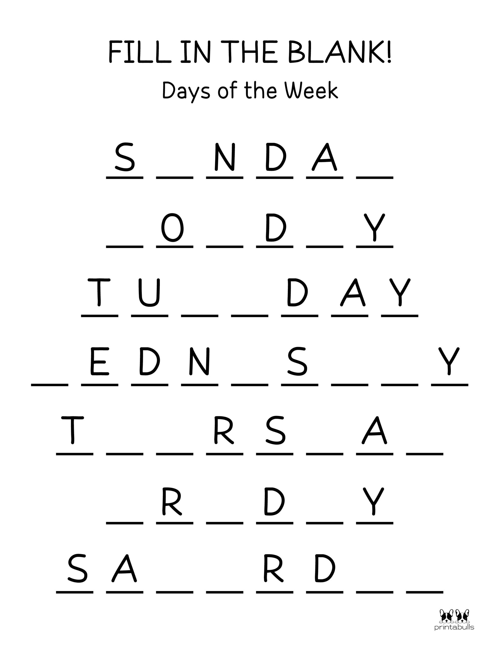 Days Of The Week Printable Worksheets