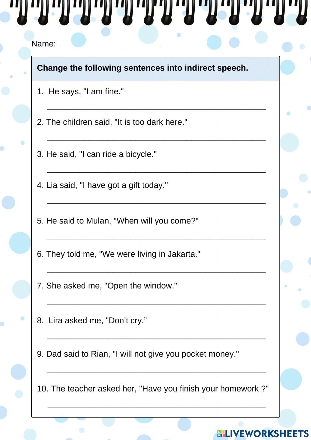 Direct And Indirect Speech Task Worksheet English Grammar Exercises 