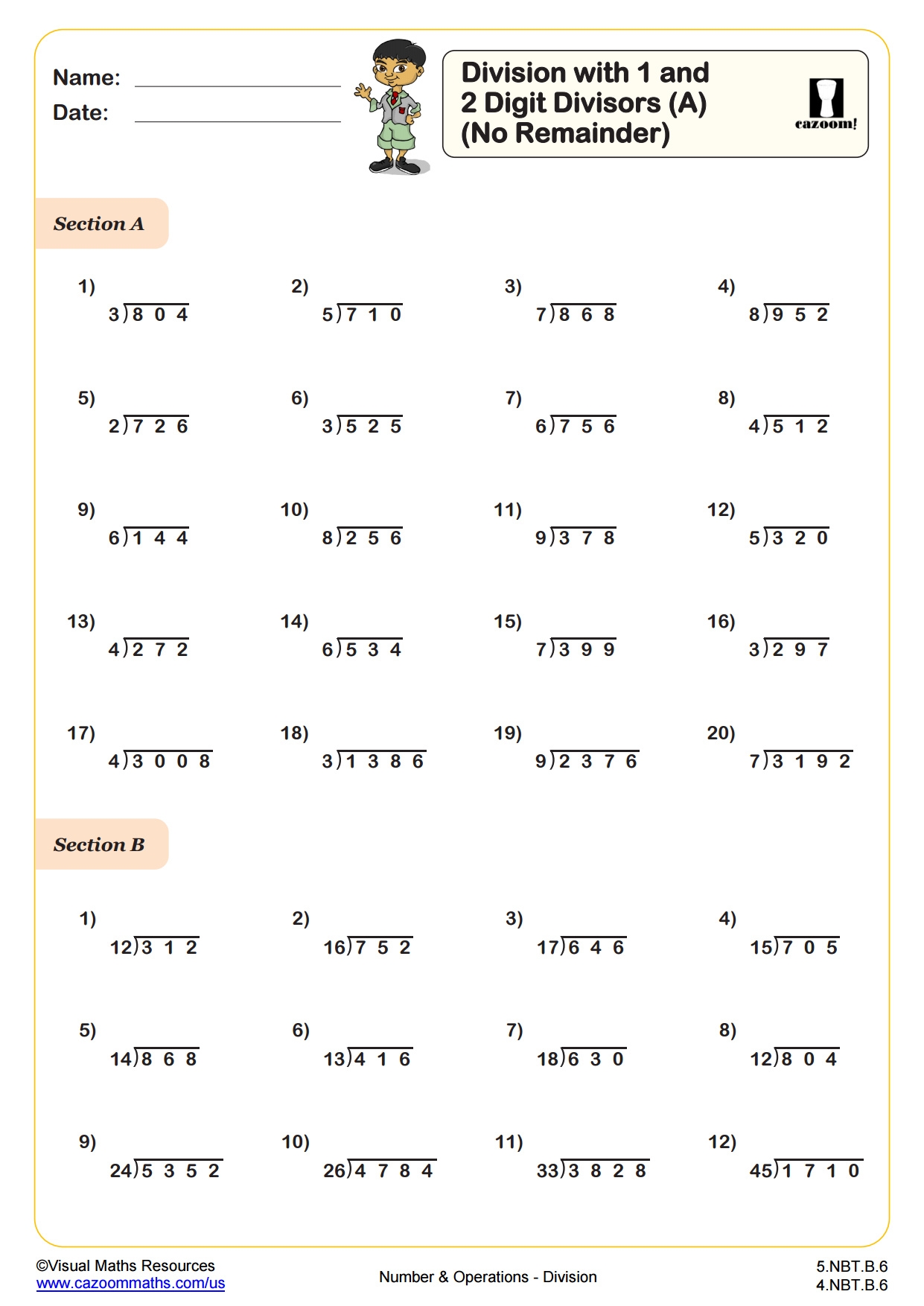 Division A No Remainders PDF Printable Number And Operations 