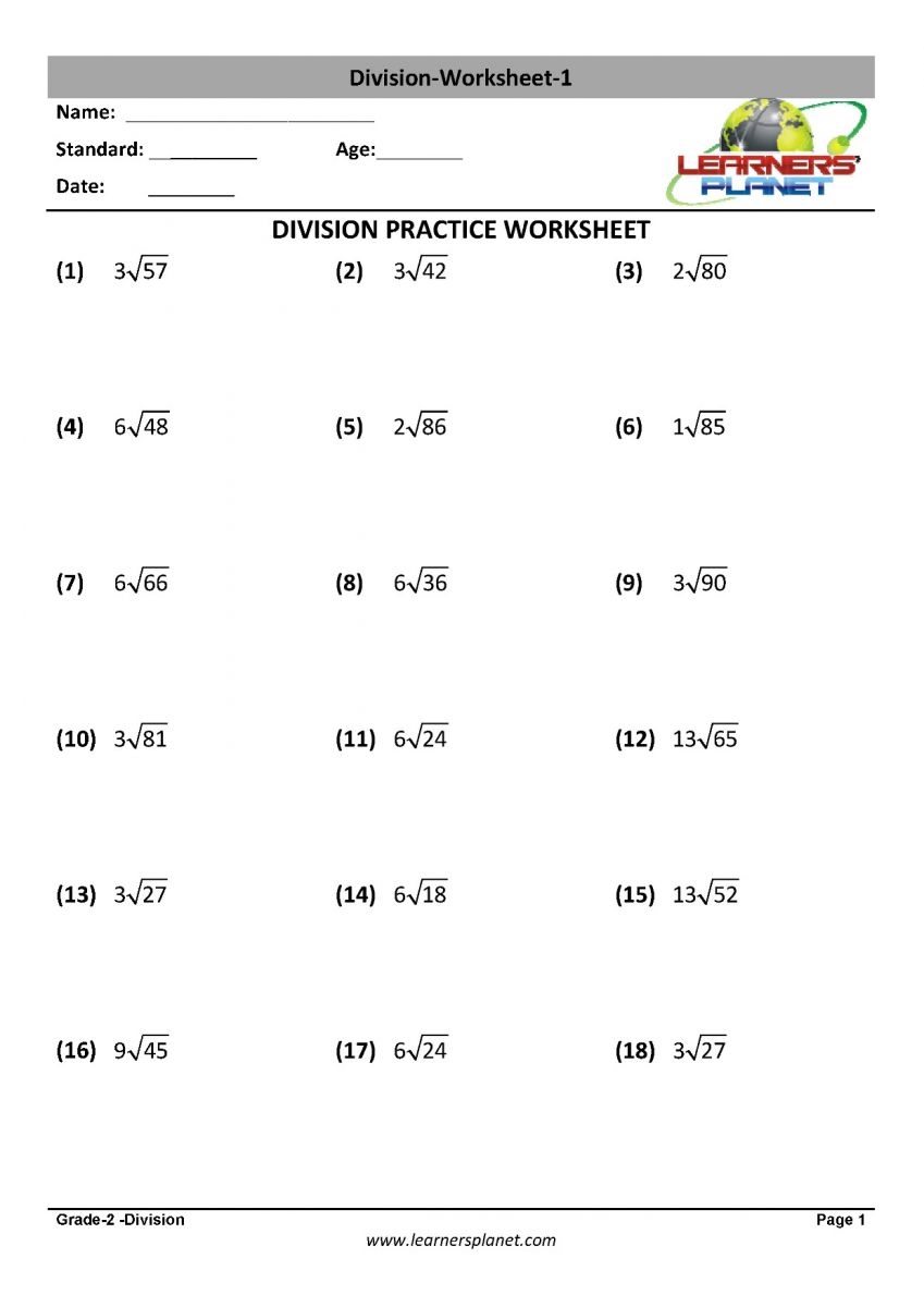 Division Worksheet For Class 2 With Remainder