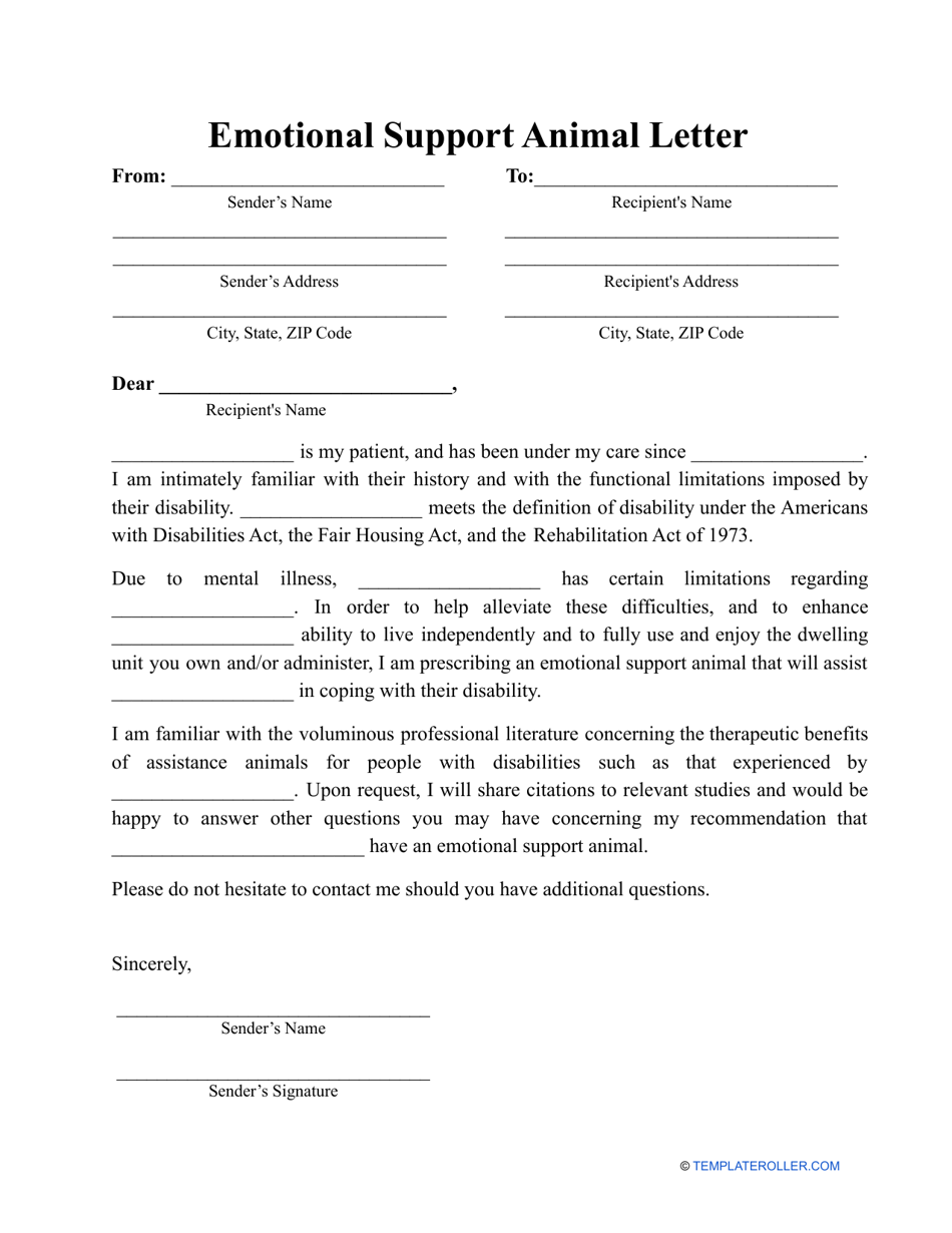 Emotional Support Animal Letter Template Download Printable PDF 