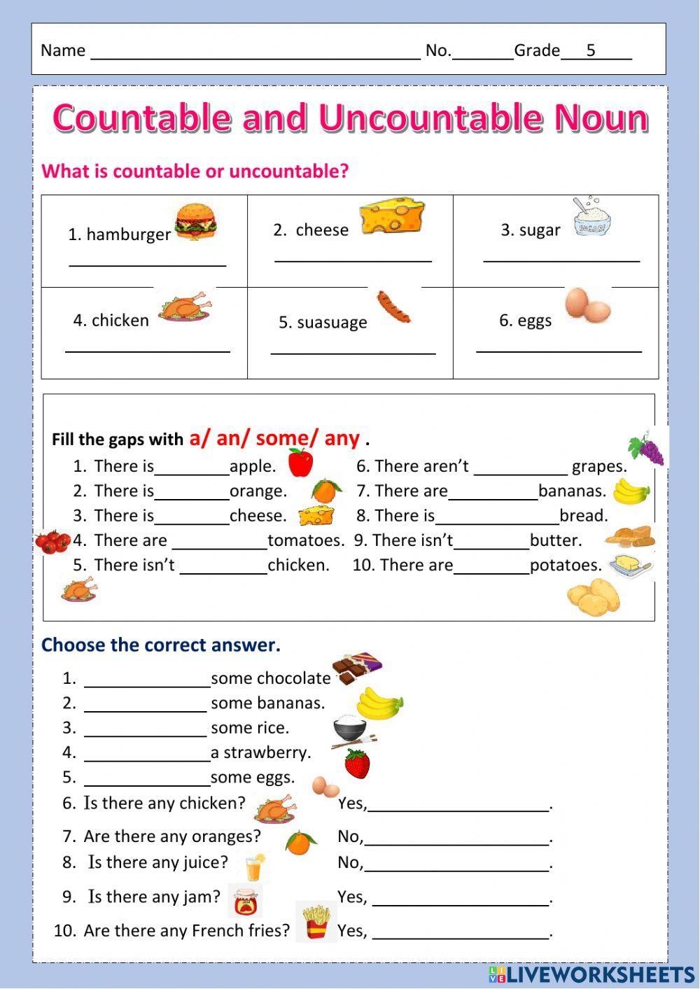 ESL Countable And Uncountable Nouns Worksheet Kids A2 Worksheets