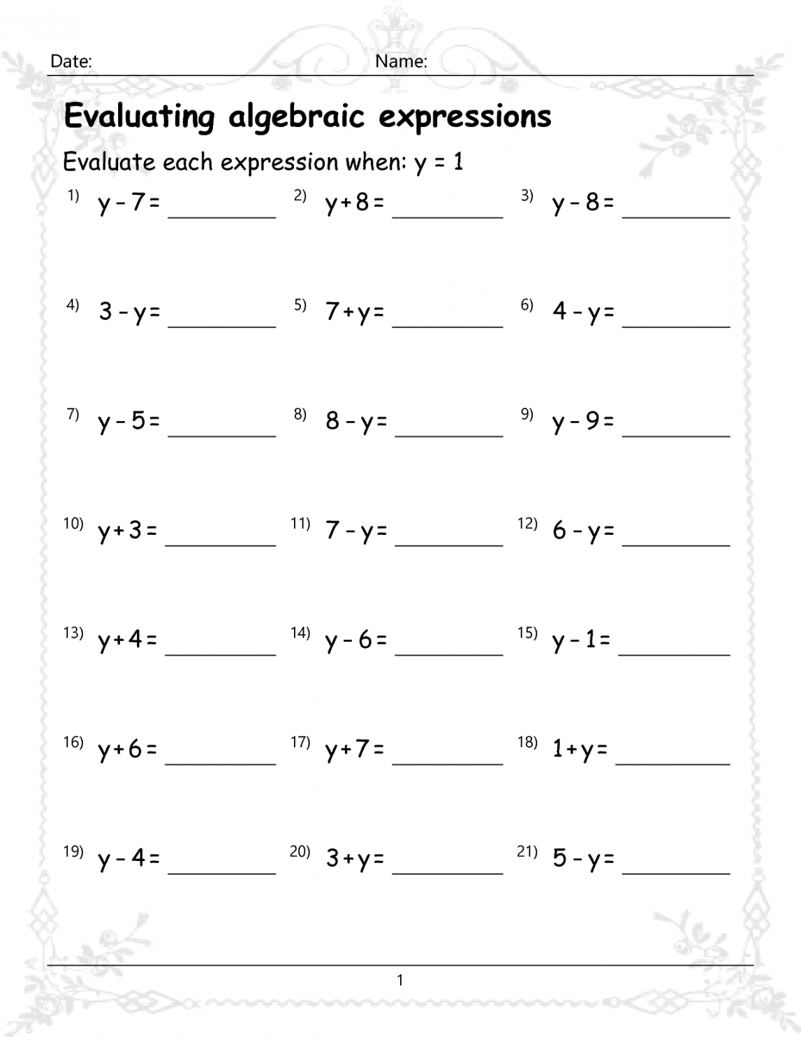 Evaluating Algebraic Expressions Worksheet Printable PDF Template