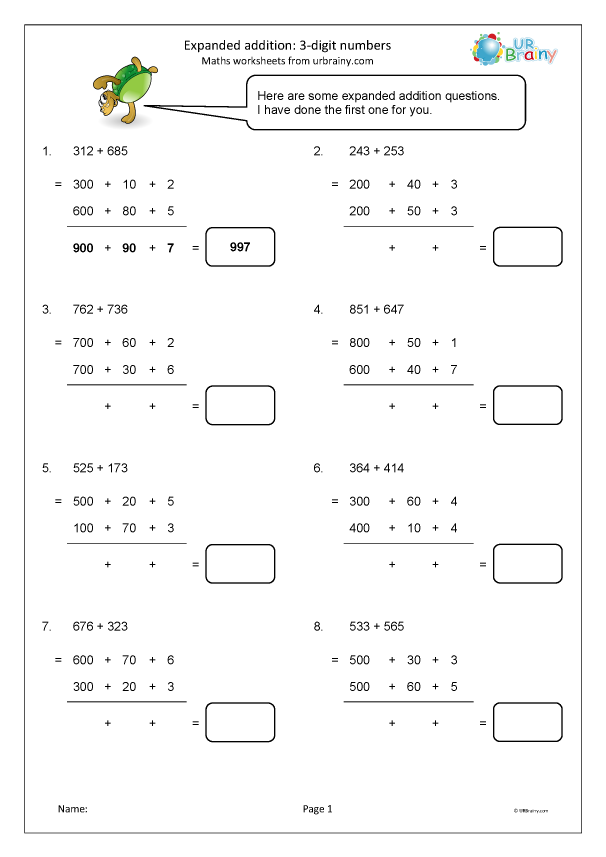 Expanded Addition 3 digit Numbers Addition Maths Worksheets For Year