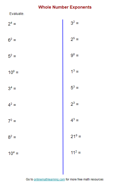 Exponents Worksheet printable Online Answers Examples Worksheets
