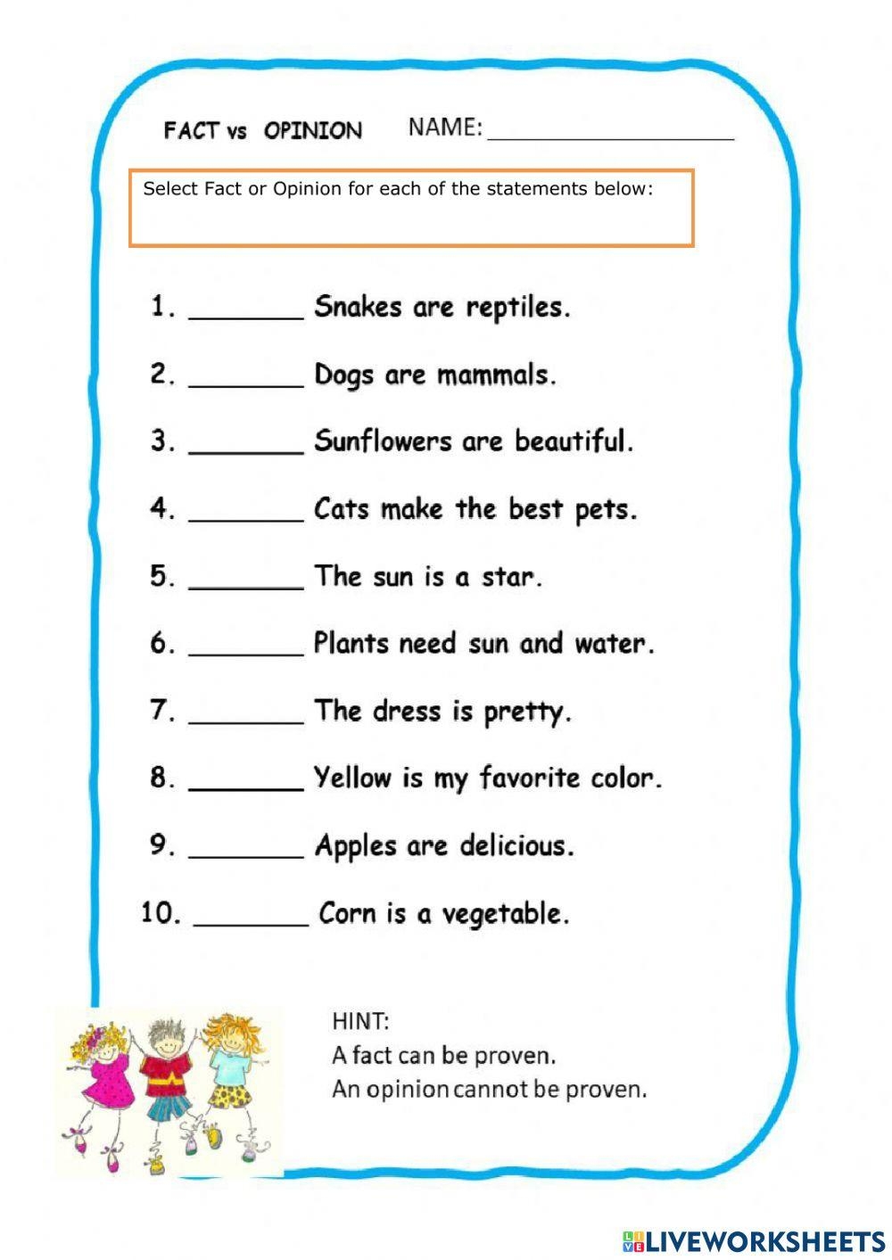 Fact And Opinion Interactive Activity For 3 Live Worksheets 