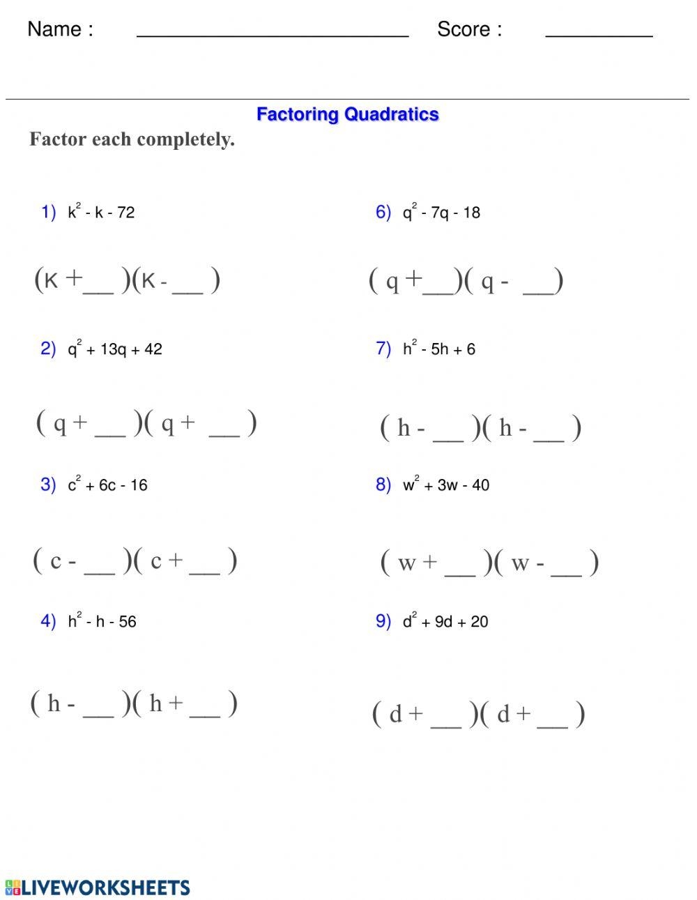 Factor Quadratics Worksheets printable Online Answers Examples 