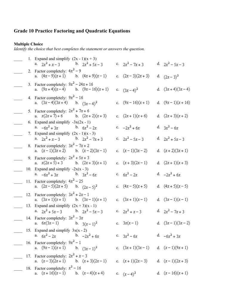Factoring Quadratics Worksheet Multiple Choice Quadraticworksheet
