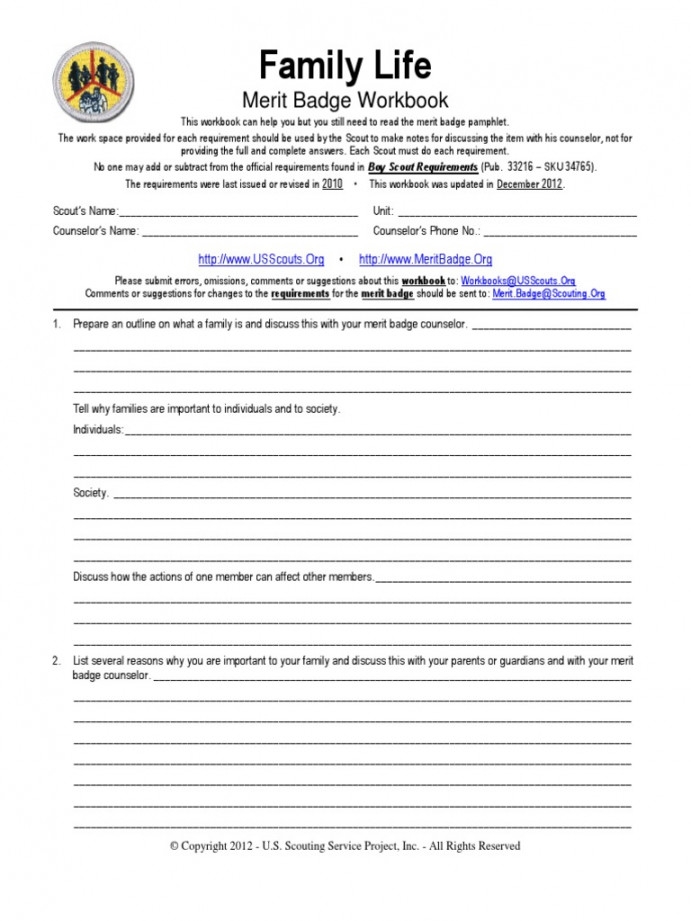 Family Life Merit Badge Worksheet Printable PDF Template
