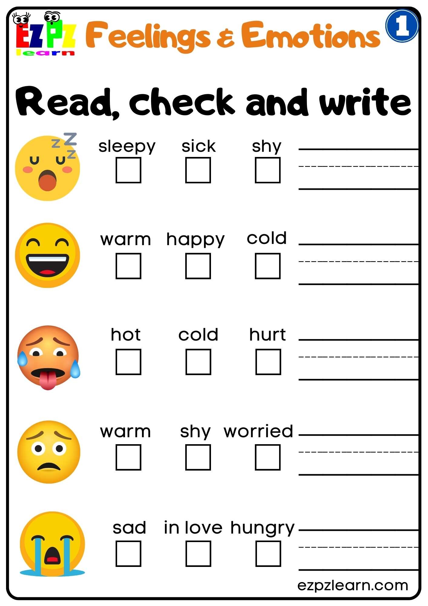 Feelings And Emotions Read Check And Write Worksheet For Children 