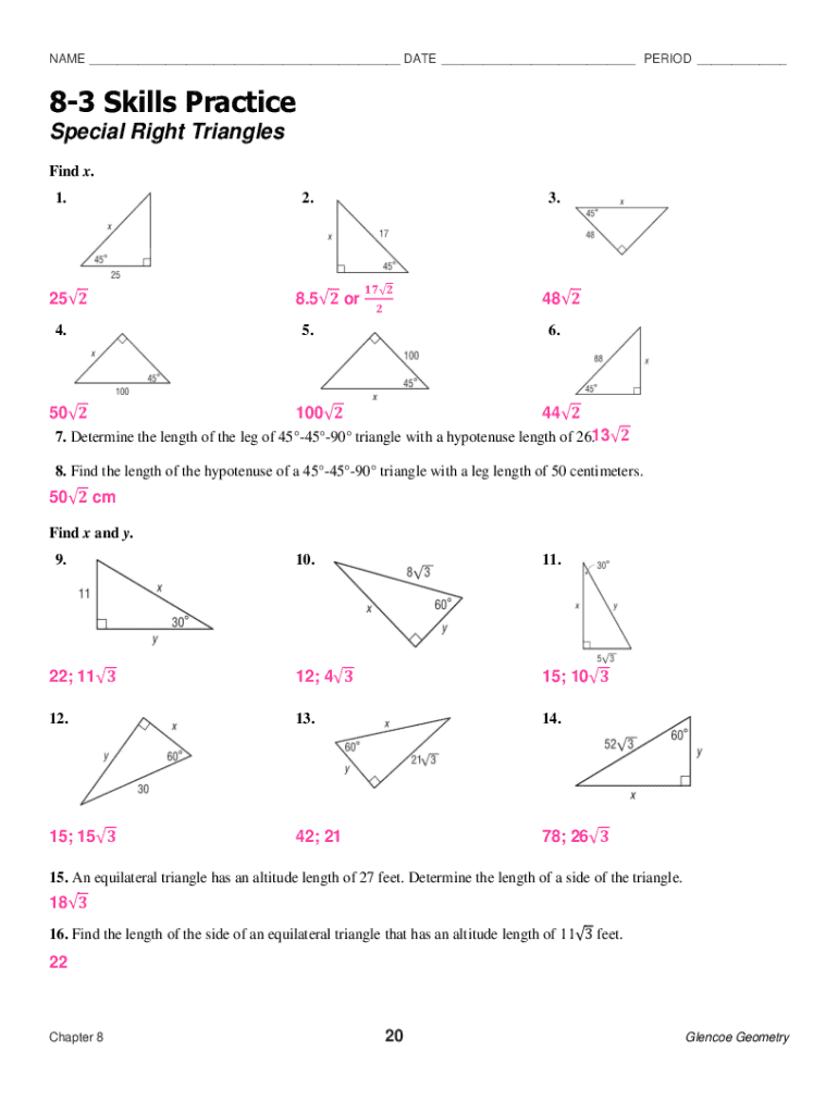 Fillable Online Geometry Special Right Triangles Extra Practice 