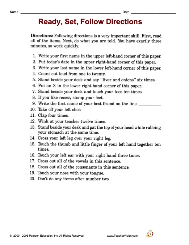 Following Directions Worksheet For Pre K 1st Grade Lesson Planet 