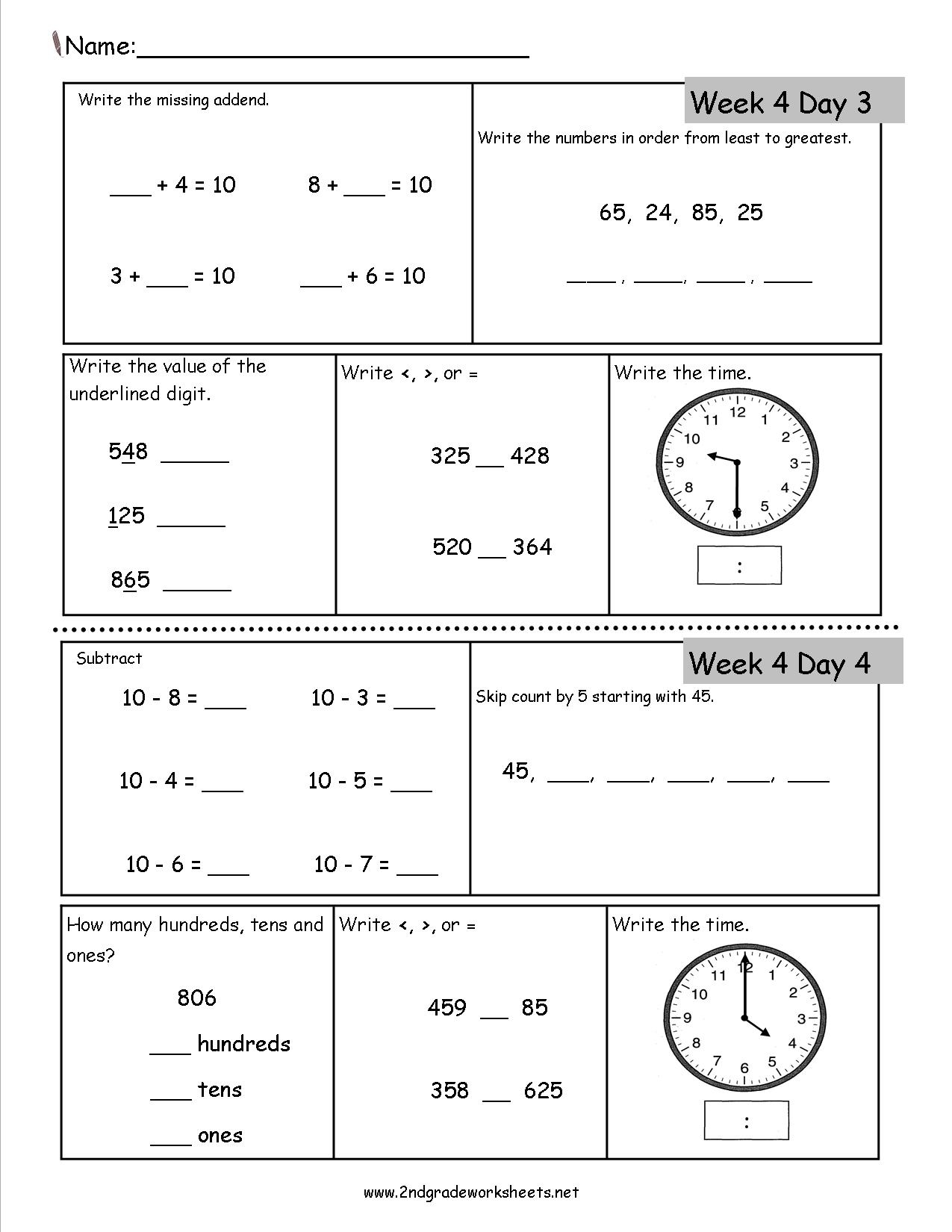 Free 2nd Grade Daily Math Worksheets Printable Worksheets