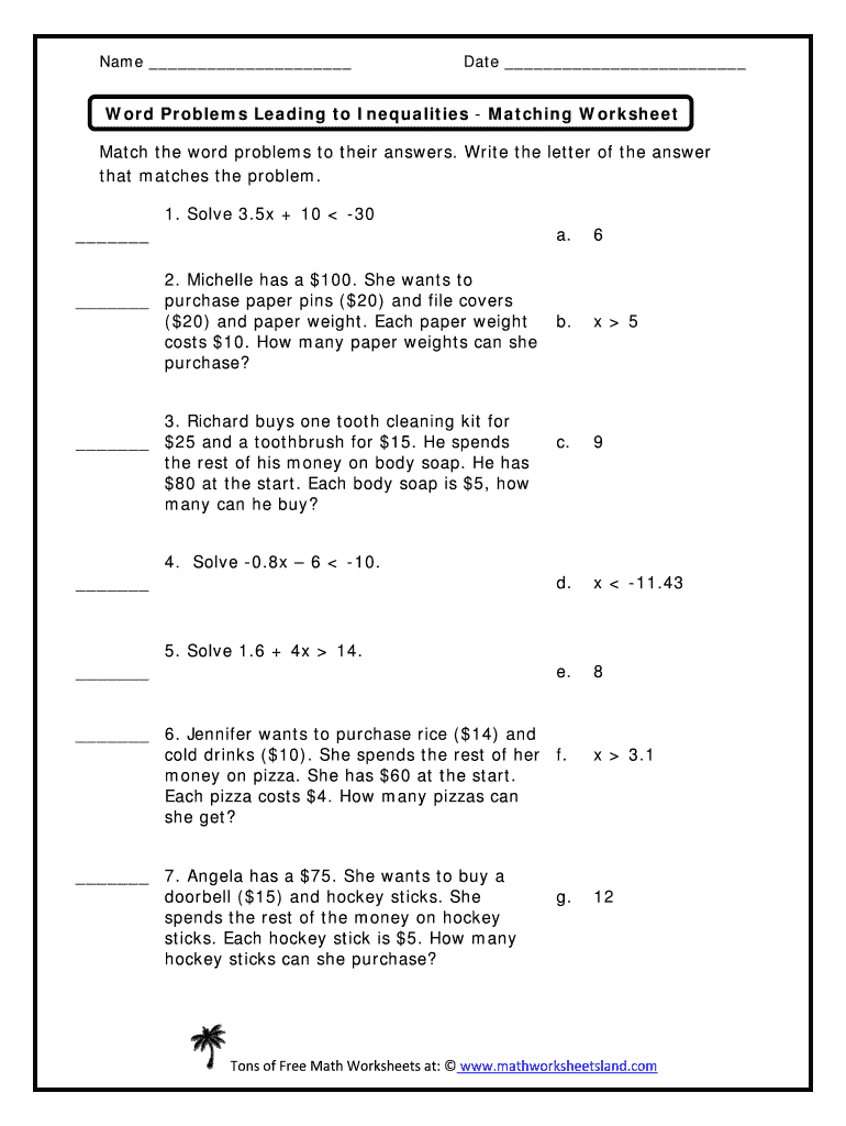Free Linear Inequality Word Problems Worksheet Pdf Download Free