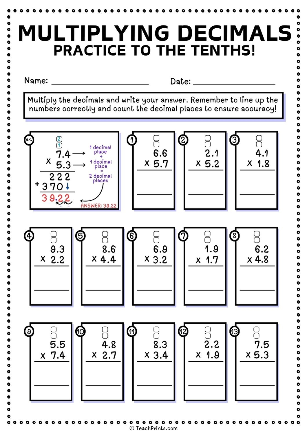 Free Multiplying Decimals Worksheets Teach Prints