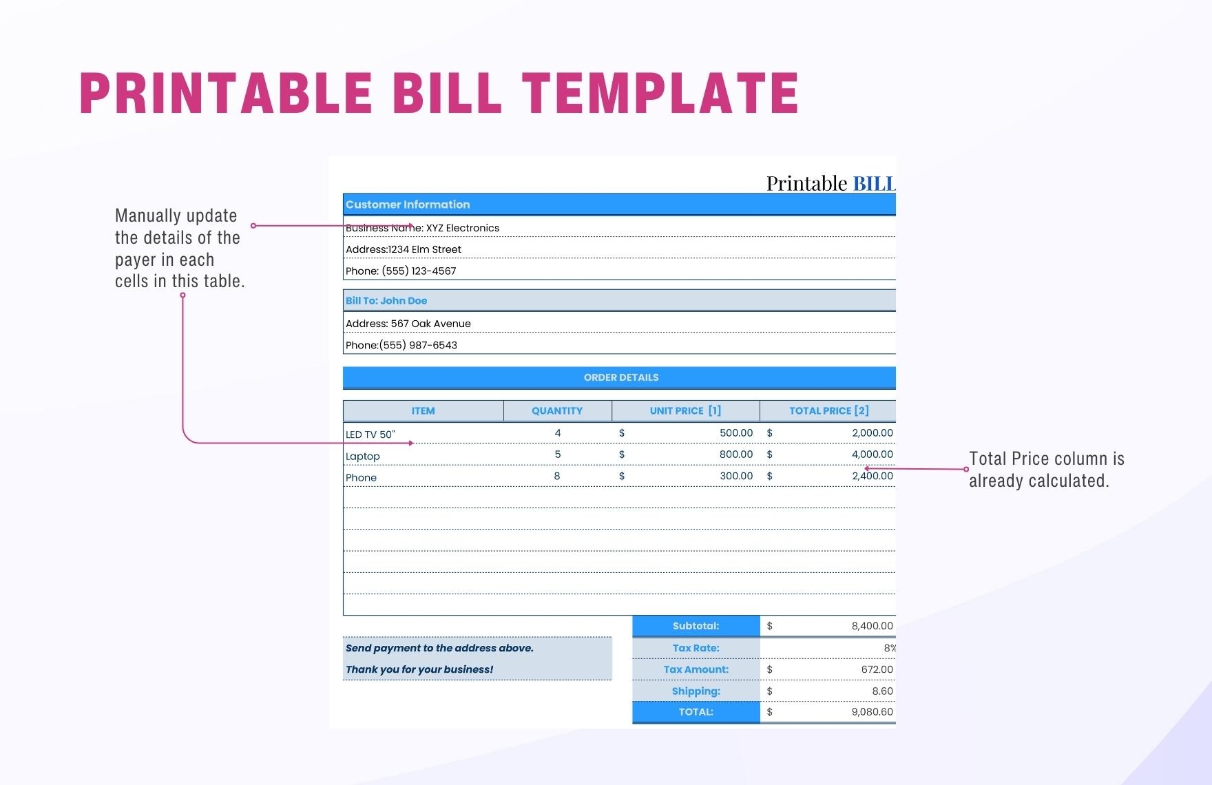 Free Printable Bill Template Download In Excel Google Sheets 