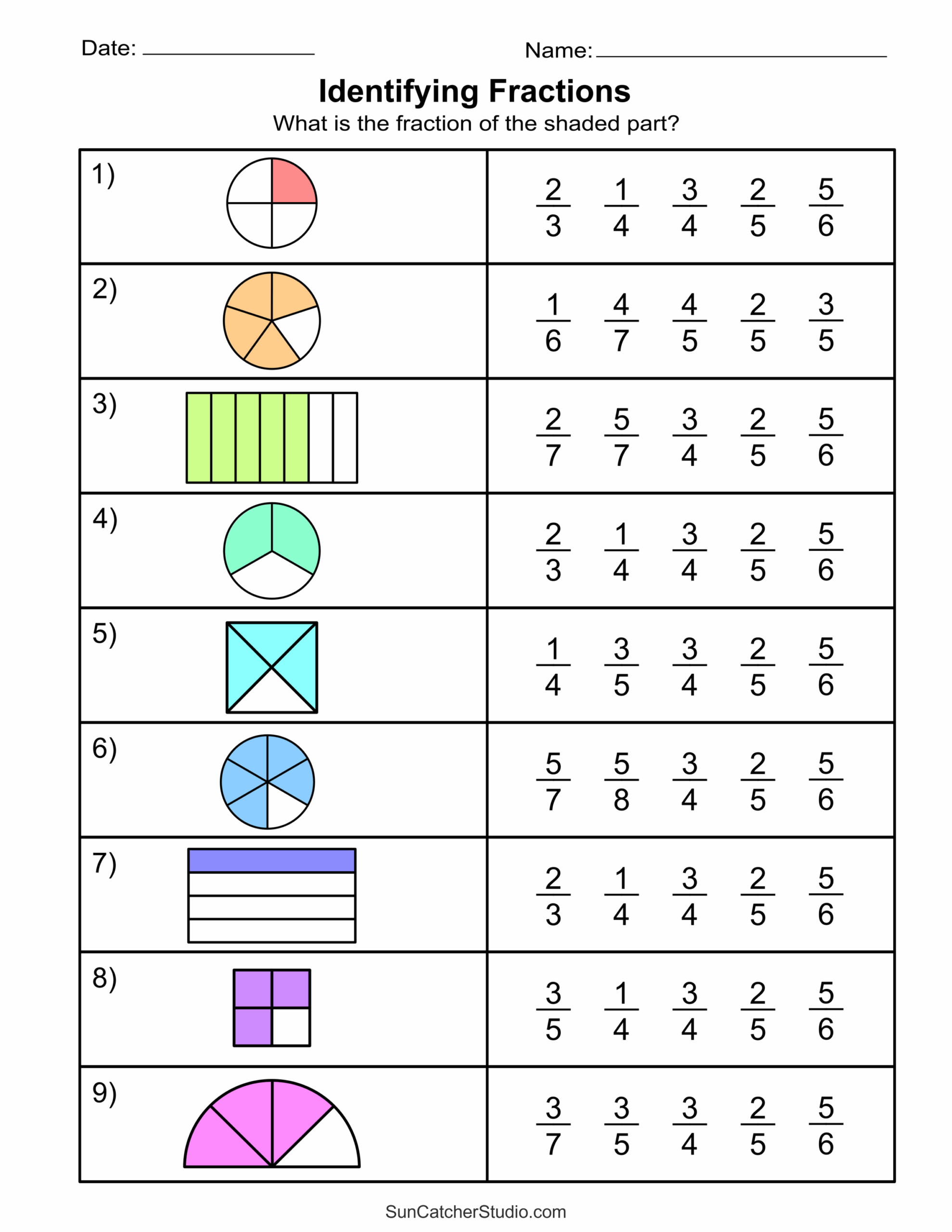 Free Printable Fractions Worksheets Comparing Identifying 