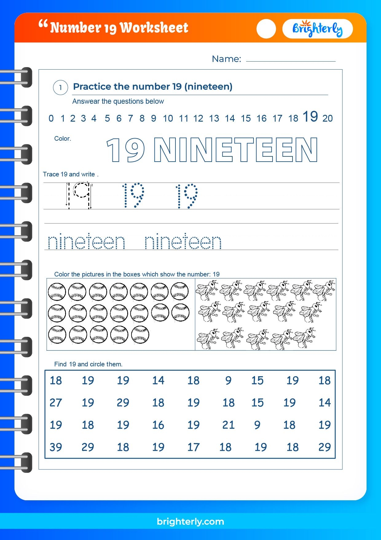 Free Printable Number 19 Nineteen Worksheets For Kids PDFs