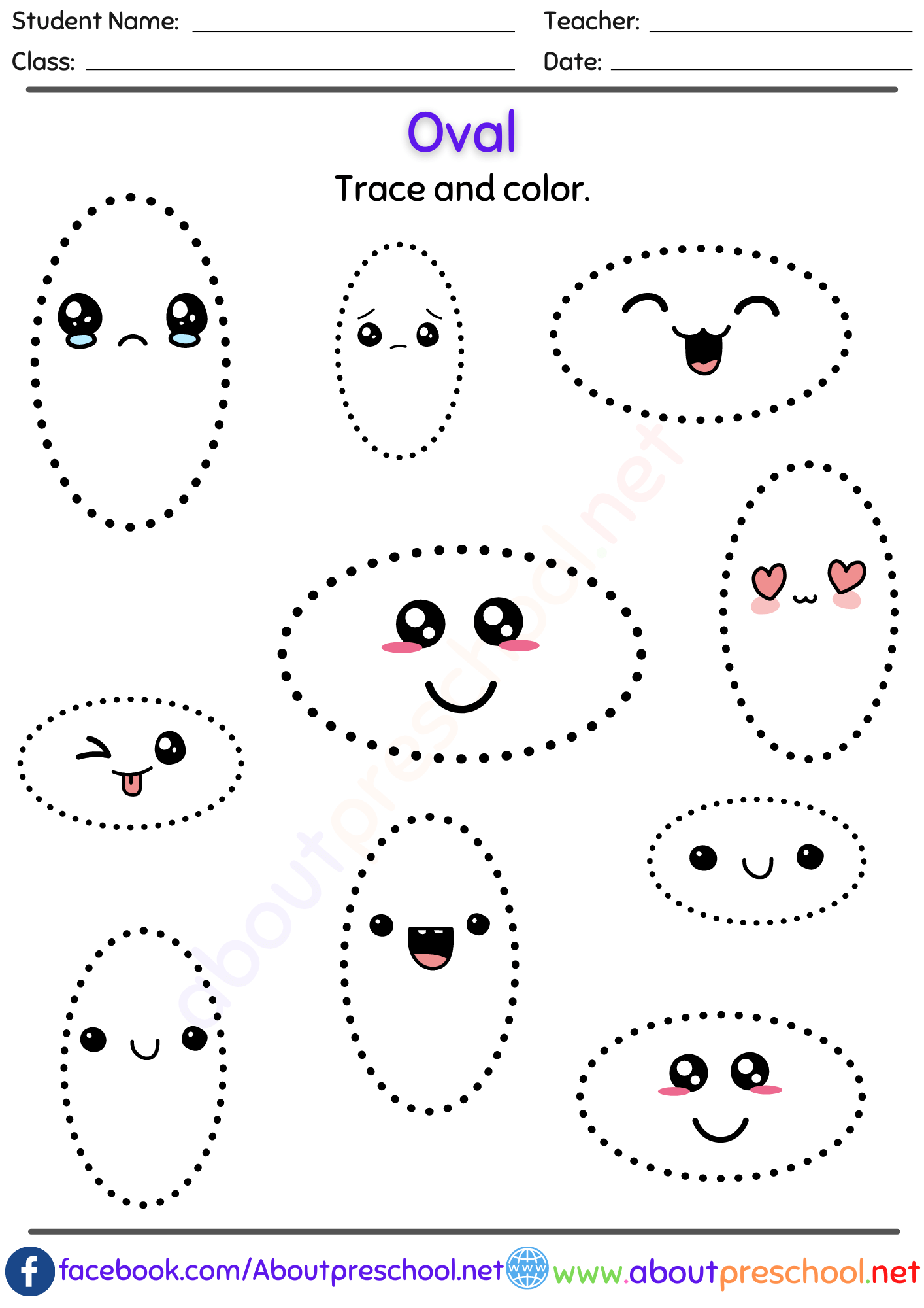 Free Shapes Trace And Color Worksheet Oval About Preschool