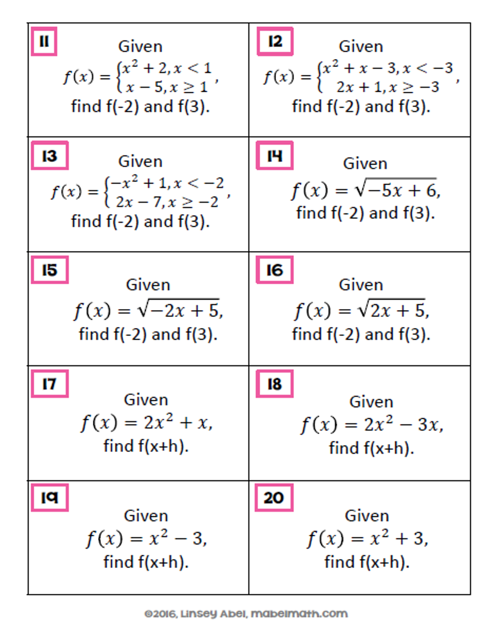 Function Notation Card Match Worksheets Library