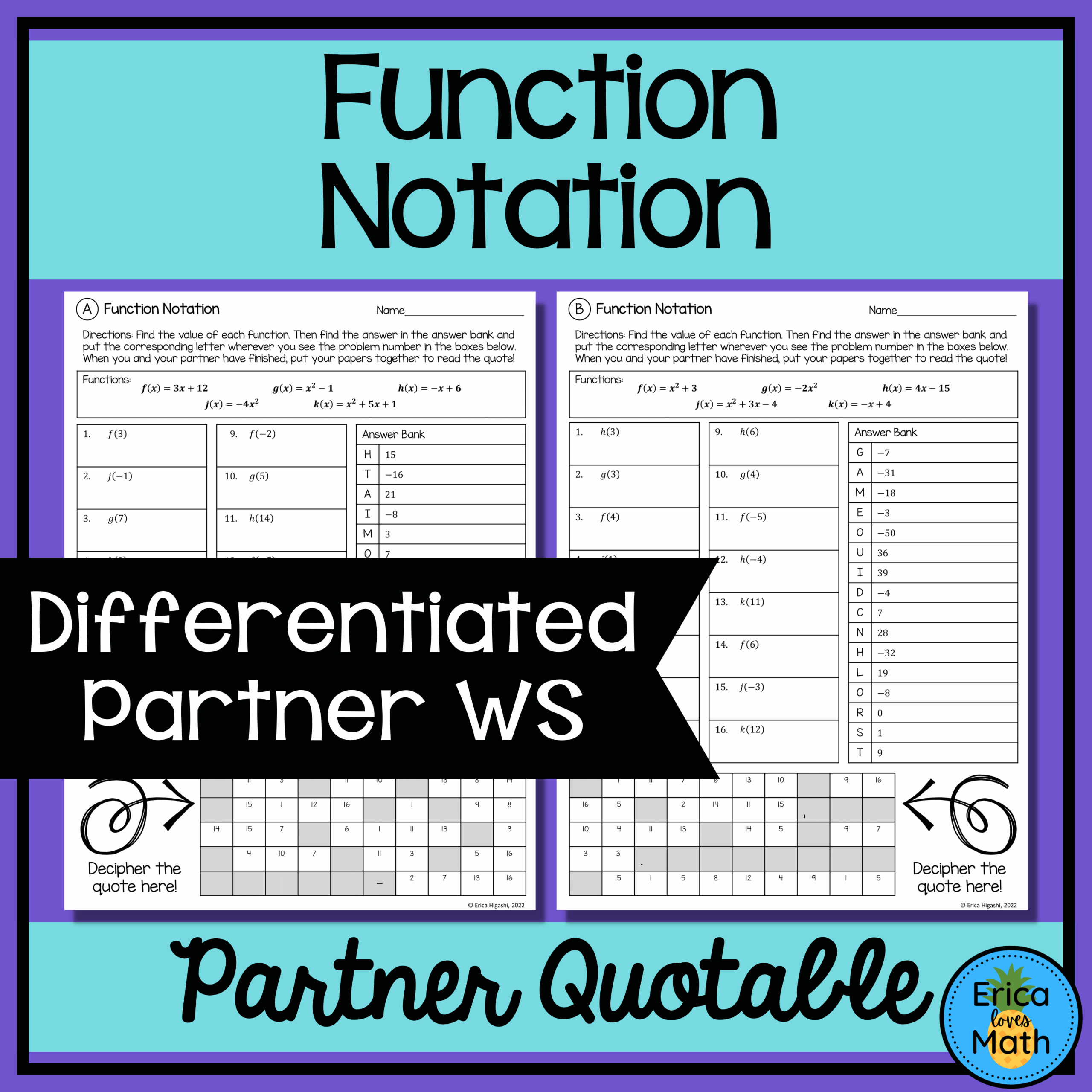 Function Notation Differentiated Partner Worksheets Quotable 