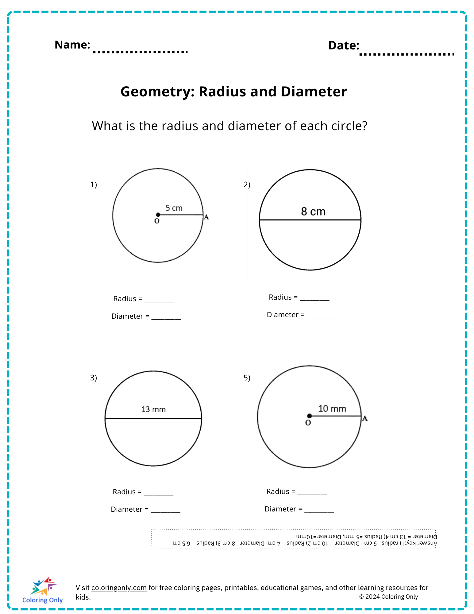 Geometry Radius And Diameter Free Printable Worksheet