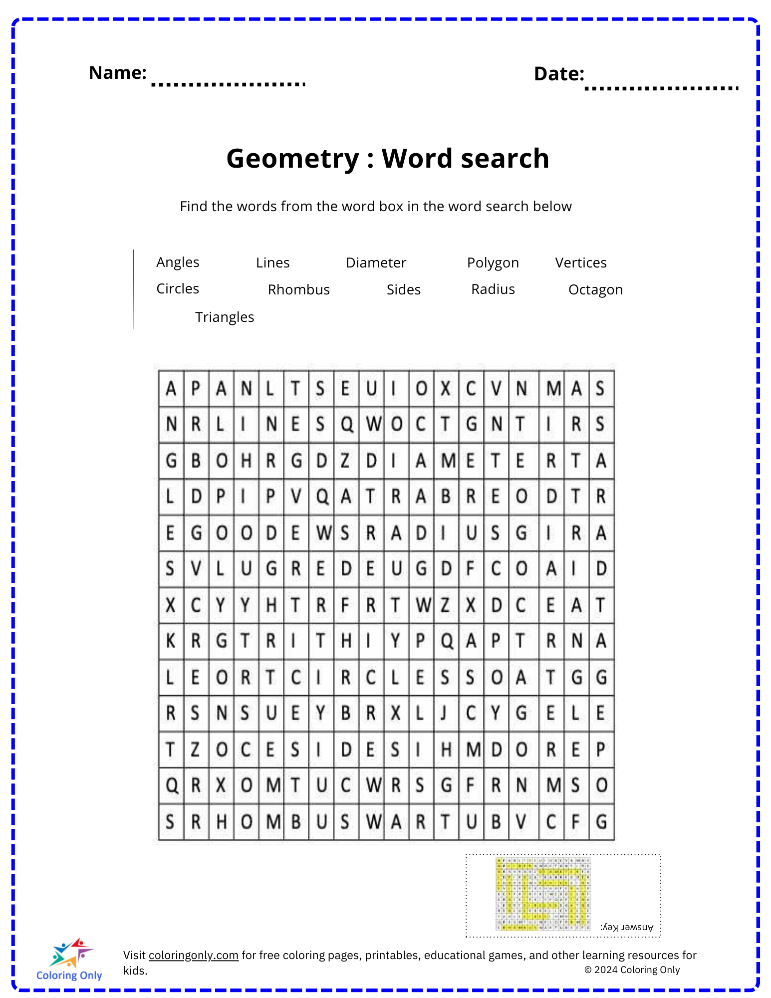 Geometry Word Search Free Printable Worksheet