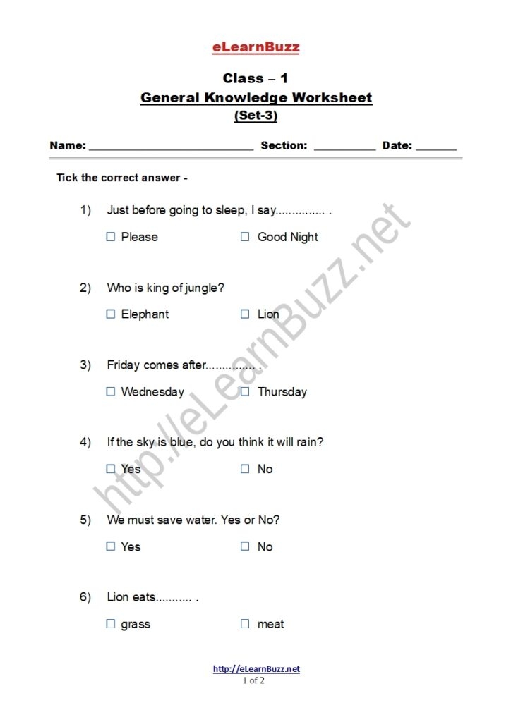 GK Worksheet For Class 1 Kids Set 3 ELearnBuzz