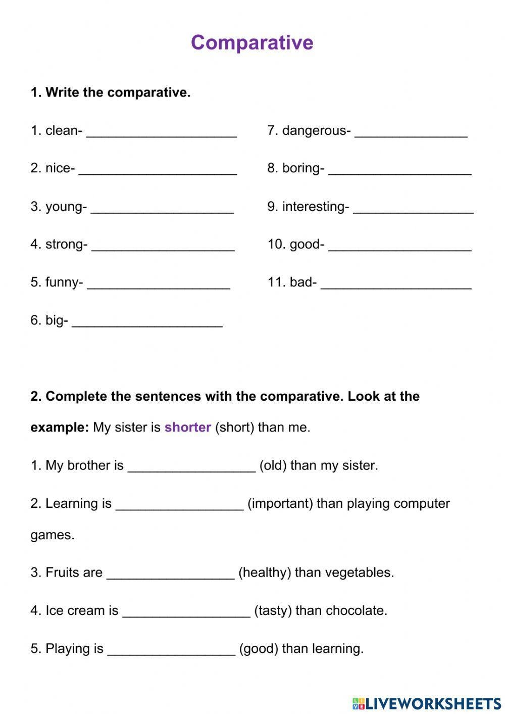 Grammar Comparative Adjectives Worksheet Live Worksheets