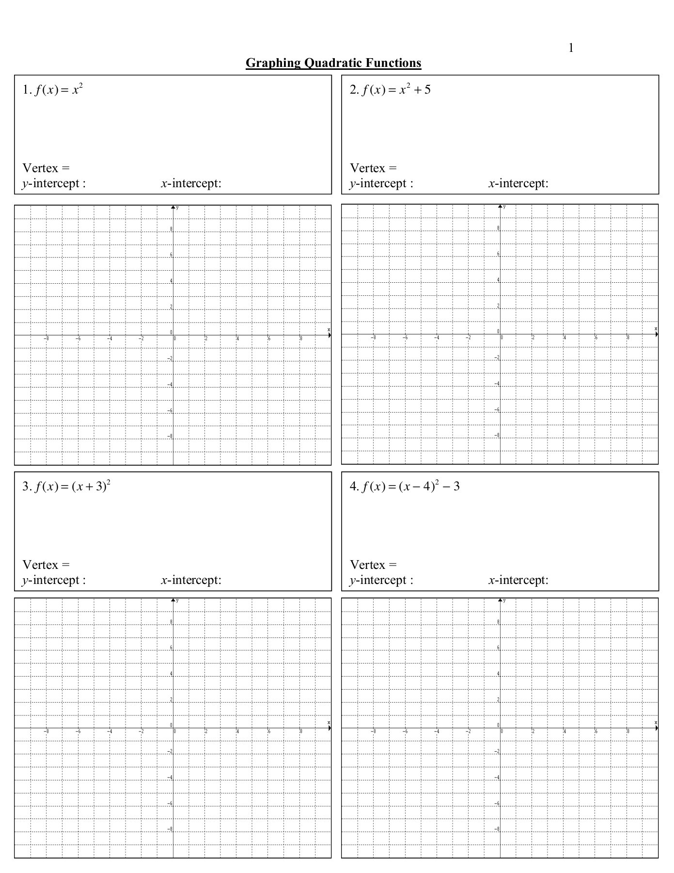 Graphing Quadratic Functions Worksheet Incerpt Form
