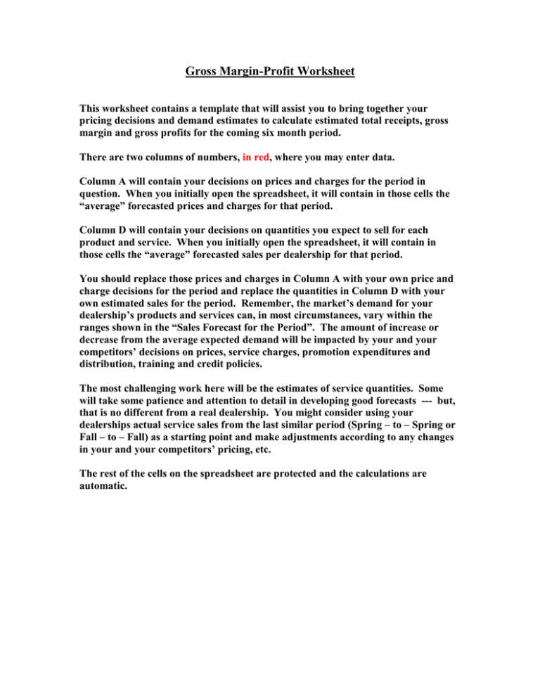 Gross Margin Profit Worksheet